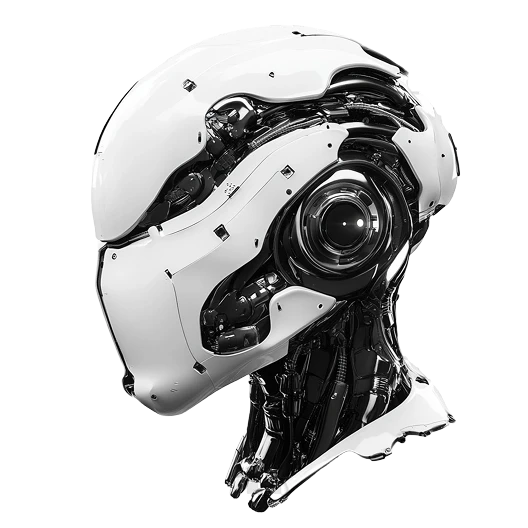 A high-tech robot head with a white background, highlighting the progress in AI agent by a dedicated AI agent development company