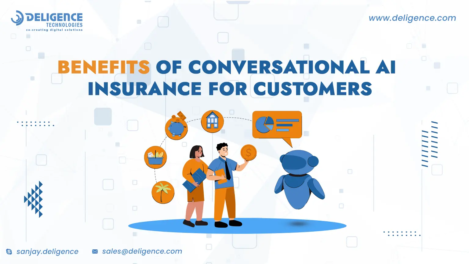 AI Agent Benefits of Conversational AI Insurance for Customers: An illustration showing people interacting with a robot, representing customer advantages from AI.