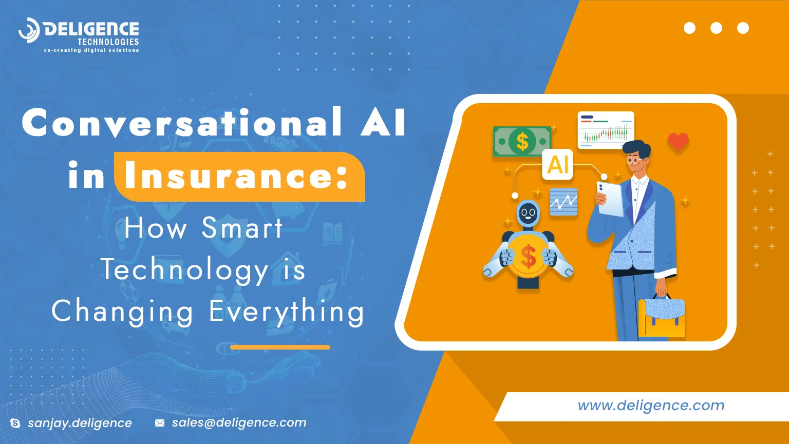 A robot and a person with money signs. This picture is about Conversational AI in insurance and how smart tech is changing everything.