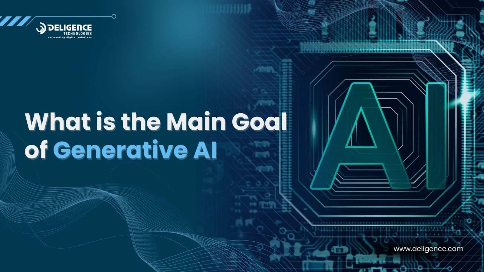 Generative AI Visual with AI chip and title "What is the main goal of generative AI" to explain how generative AI helps.