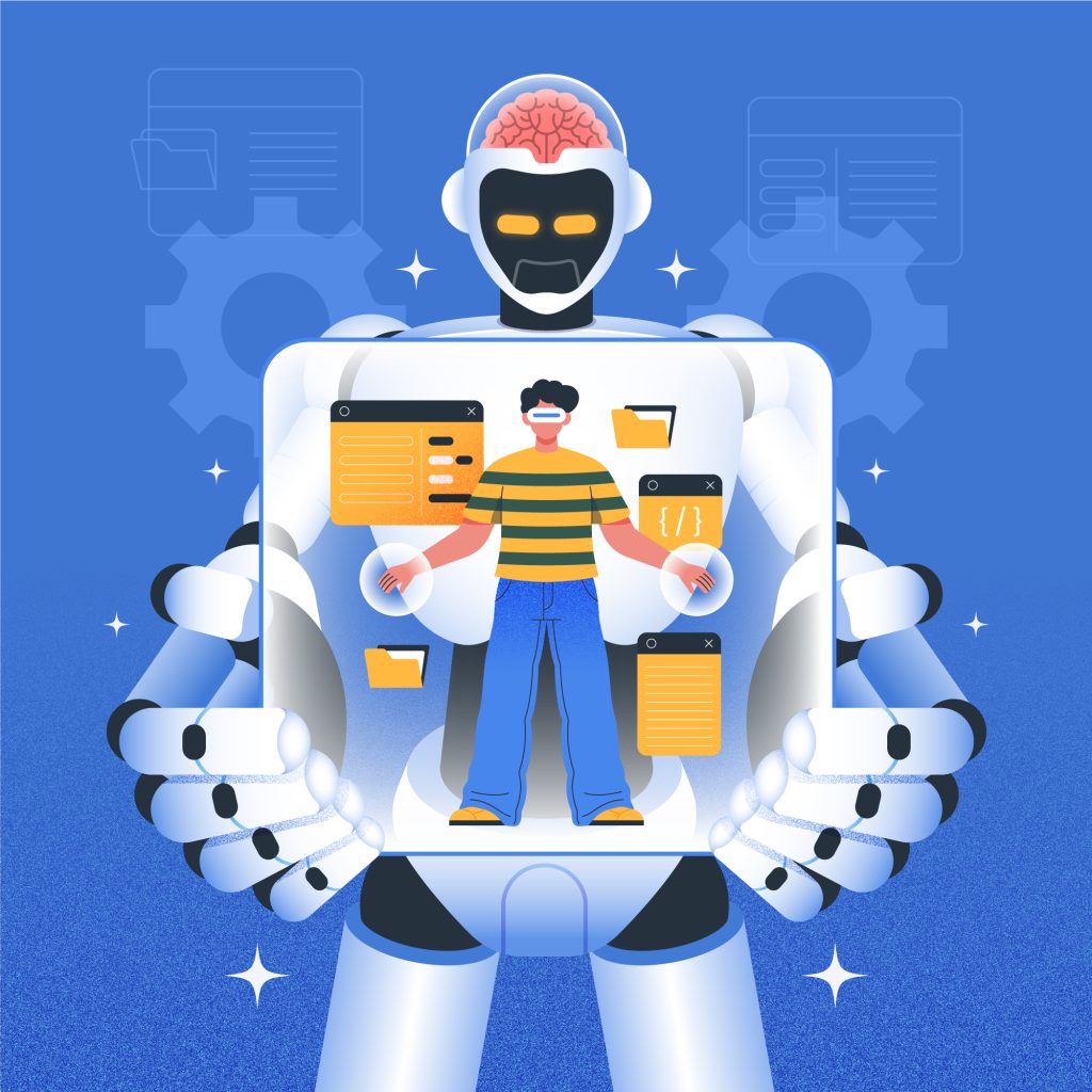 Illustration showing an AI agent assisting a person with digital tasks, representing AI agent development and automated workflows.