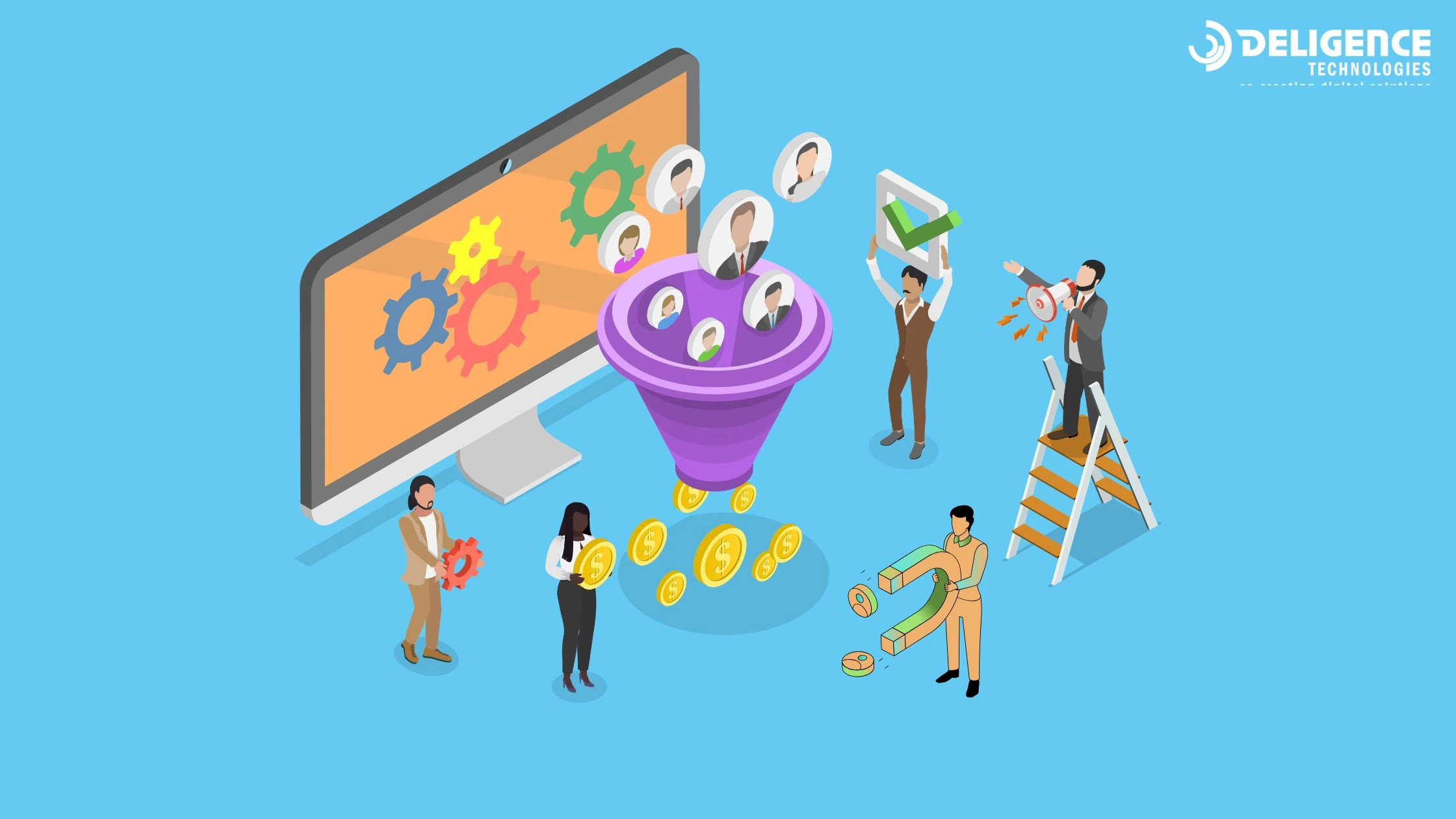 use-ai-fo-real-estate-lead-generation AI-powered real estate lead generation concept showing a digital funnel capturing prospects, automated workflows on a computer screen, and professionals converting leads into revenue using smart technology